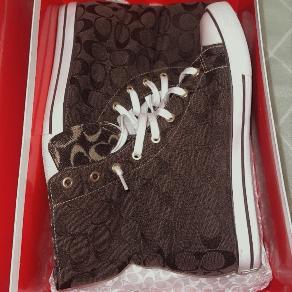 Brown Knit Coach hightop sneakers